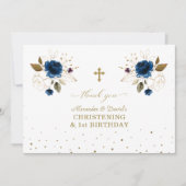 ブルーフローラボーイズツインズ1st誕生日《キリスト教》洗礼式や命名式 サンキューカード (正面)