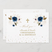 ブルーフローラボーイズツインズ1st誕生日《キリスト教》洗礼式や命名式 サンキューカード (正面/裏面)