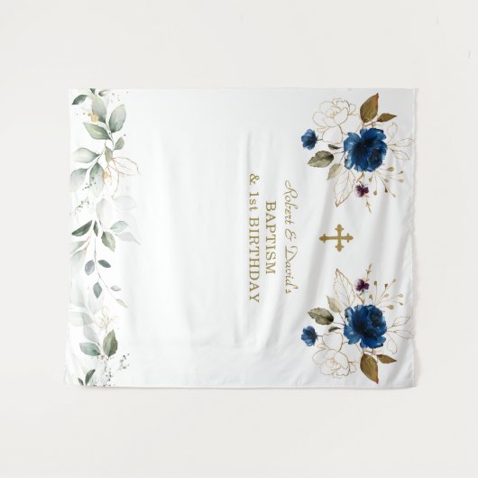 ブルーフローラボーイズ双子1歳の誕生日バプテスマ タペストリー (正面(横))