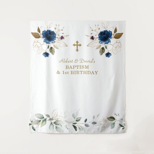 ブルーフローラボーイズ双子1歳の誕生日バプテスマ タペストリー (正面)