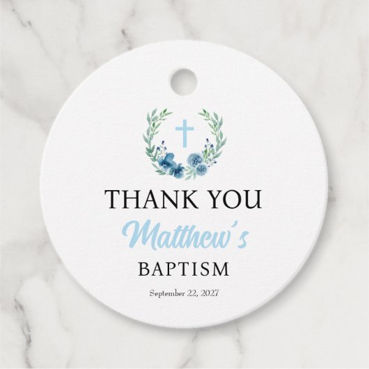 ブルーフローラボーイバプティスラウンドメッセージカード フェイバータグ (正面)