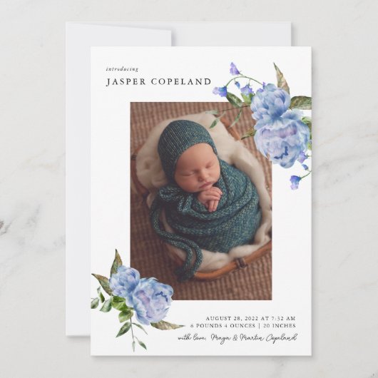 ブルーフローラボーイベビー写真誕生発表 案内状 (正面)