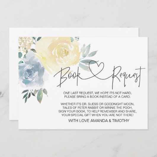 ブルーフローラボーイ赤ちゃんシャワーブックリクエストカード 招待状 (正面/裏面)