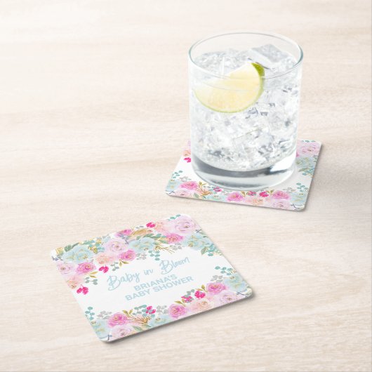 ブルーフローラボーイ赤ちゃんシャワー スクエアペーパーコースター (インサイチュ)