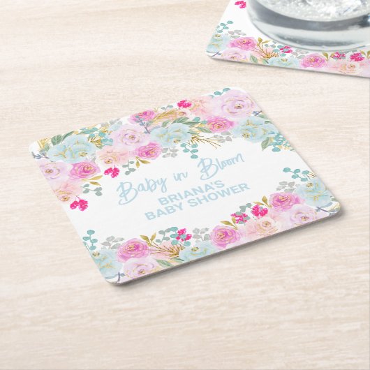 ブルーフローラボーイ赤ちゃんシャワー スクエアペーパーコースター (アングル)