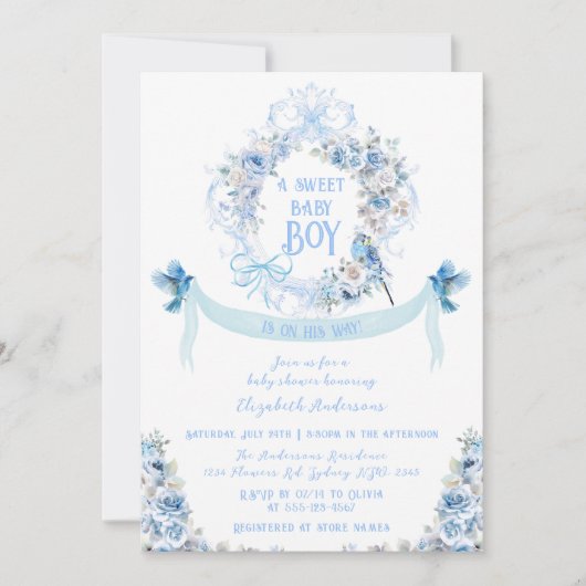 ブルーフローラボークレスト甘い男の赤ちゃんベビーシャワー 招待状 (正面)