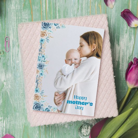 ブルーフローラマザー写真ホリデーカード サンキューカード