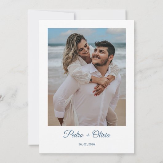 ブルーフローラミニマリストの日付結婚を保存 招待状 (裏面)