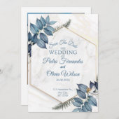 ブルーフローラミニマリストの日付結婚を保存 招待状 (正面/裏面)