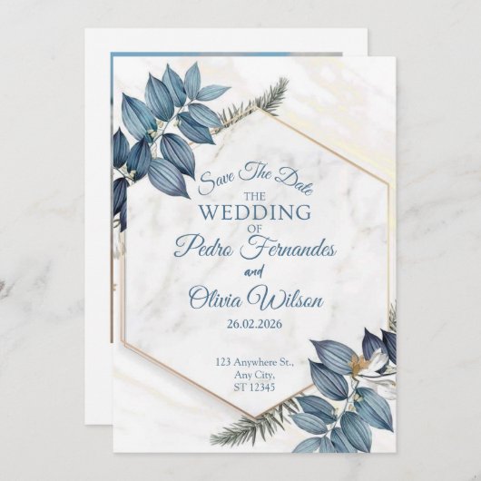 ブルーフローラミニマリストの日付結婚を保存 招待状 (正面/裏面)