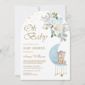 ブルーフローラムーンかわいいテディベアアーチベイビーシャワー 招待状 (正面)