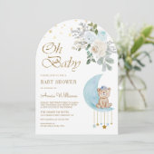 ブルーフローラムーンかわいいテディベアアーチベイビーシャワー 招待状 (スタンド正面)