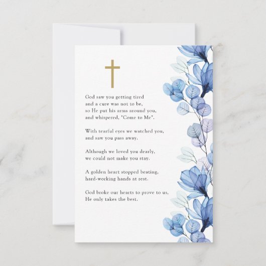 ブルーフローラメモリアル葬儀祈りの言葉フォトカード (裏面)