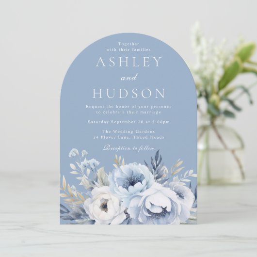 ブルーフローラモダンウィンターウェディング 招待状 (スタンド正面)