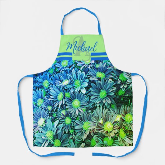 ブルーフローラモノグラムエプロンエレガント-ベーキングプレゼント エプロン (正面)