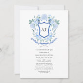 ブルーフローラモノグラムクレストお祝いオブ・ライフ 招待状 (正面)