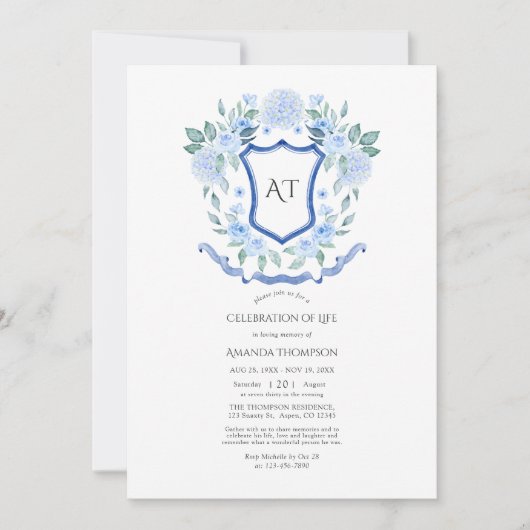 ブルーフローラモノグラムクレストお祝いオブ・ライフ 招待状 (正面)