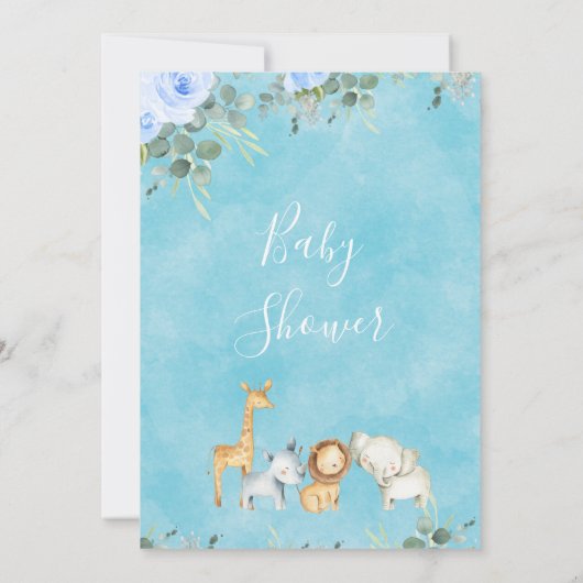 ブルーフローラユーカリかわいいサファリベイビーシャワー 招待状 (裏面)