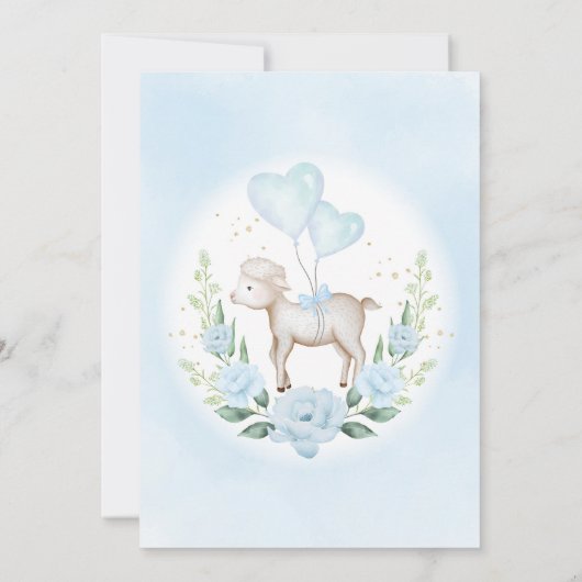 ブルーフローラユーカリ子羊ベビーシープボーイシャワー 招待状 (裏面)