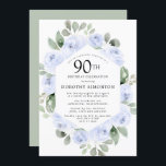 ブルーフローラユーカリ90thバースデーパーティー 招待状<br><div class="desc">この90歳の誕生日パーティエレガントの招待で特別な人を尊重する。青いバラは柔らかいセージの緑のユーカリ葉スの型枠植物体モダンのフレームに囲まれた。すべての文字を編集できるため、特別なお祝いを完全に記述できる</div>