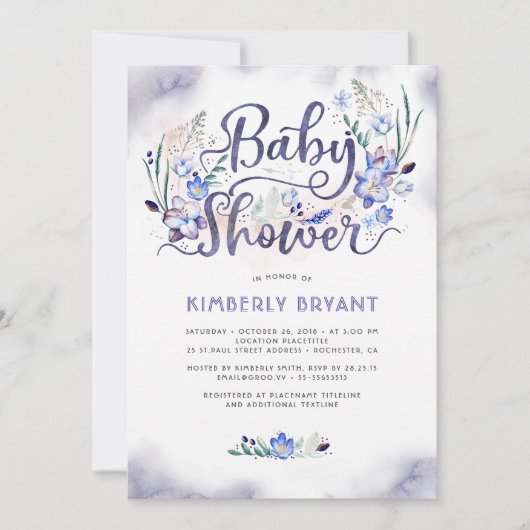 ブルーフローラリトルマン – 男の子の赤ちゃんシャワー 招待状 (正面)