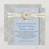 ブルーフローラリボンシルバーダマスクウェディング招待状 招待状 (正面/裏面)