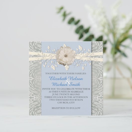 ブルーフローラリボンシルバーダマスクウェディング招待状 招待状 (スタンド正面)