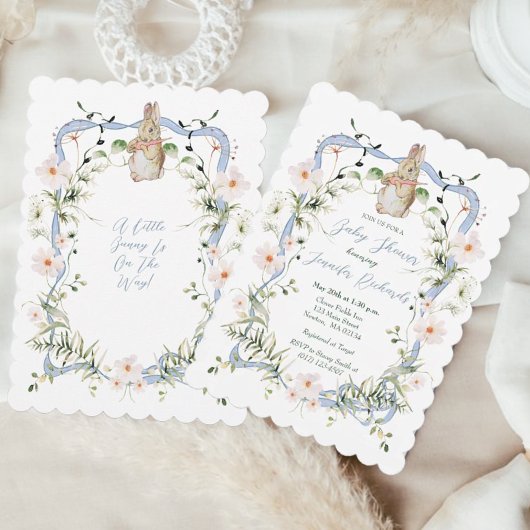 ブルーフローラリボンベビーバニーベビーシャワー 招待状