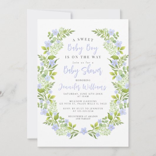 ブルーフローラリースボー男の赤ちゃんシャワー 招待状 (正面)