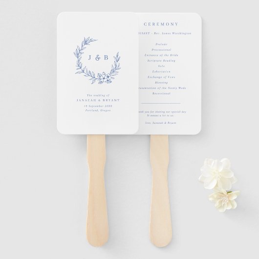 ブルーフローラリースモノグラム結婚式 プログラム ハンドファン (正面&裏面)