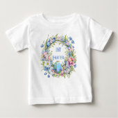 ブルーフローラリースラビットピンクの花1stイースター ベビーTシャツ (正面)