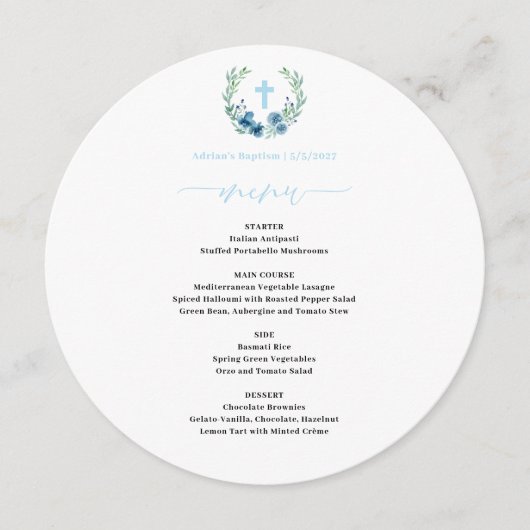 ブルーフローラリース男の赤ちゃんバプティスラウンド メニュー (正面)