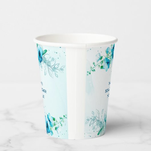 ブルーフローラルウォーターカラーのパーソナライズされたプリンセスのためのシャワーパーティー 紙コップ (右)