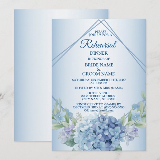 ブルーフローラルダスティヴィンテージ結婚式リハーサルディナー 招待状 (正面/裏面)