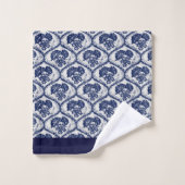 ブルーフローラルパターンのパーソナライズろうけつ染め効果 バスタオルセット (ウォッシュタオル)