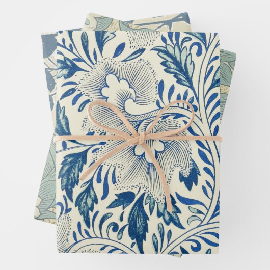 ブルーフローラルパターンアンティークアジアデザイン ラッピングペーパーシート (インサイチュ)