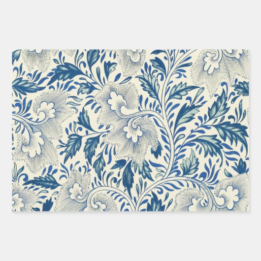 ブルーフローラルパターンアンティークアジアデザイン ラッピングペーパーシート (正面)