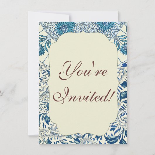 ブルーフローラルパターンアンティークアジアデザイン 招待状 (正面)