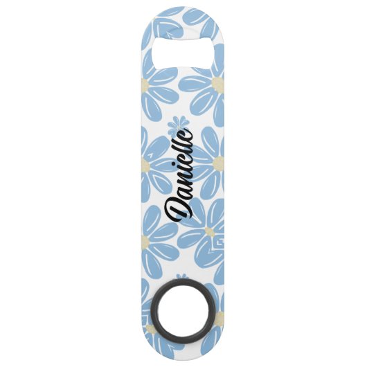 ブルーフローラルパターン – パーソナライズされたボトルオープナー スピード栓抜き (正面)