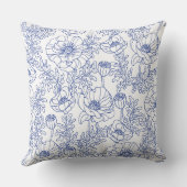 ブルーフローラルパターン – 繊細なラインアート生地 クッション (裏面)