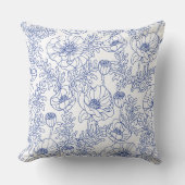 ブルーフローラルパターン – 繊細なラインアート生地 クッション (正面)