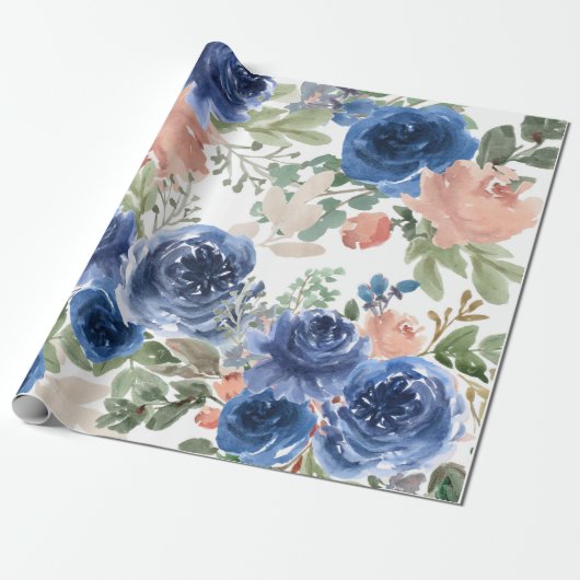 ブルーフローラルパター芸術的ン、水彩 ラッピングペーパー (アンロールド)