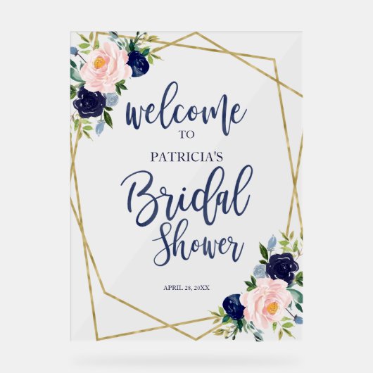 ブルーフローラルブライダルシャワーウェルカム アクリルサイン (正面)