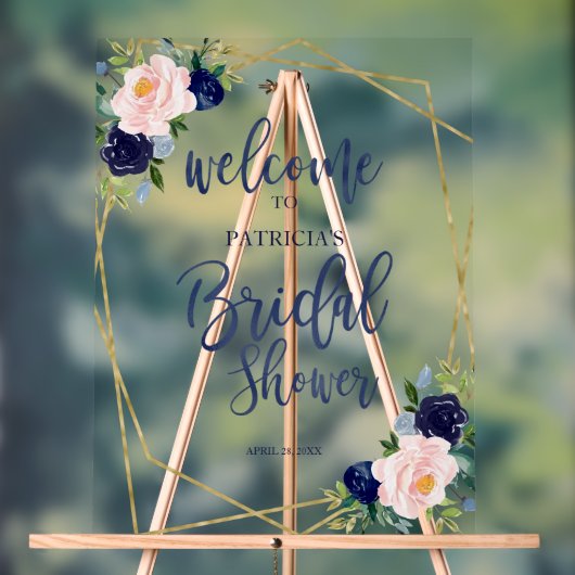 ブルーフローラルブライダルシャワーウェルカム アクリルサイン (ニュートラル)