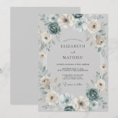ブルーフローラルリースの結婚式 招待状 (正面/裏面)
