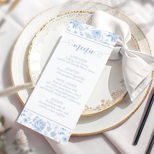 ブルーフローラル磁器の結婚式前夜祭メニューカード