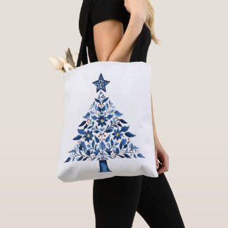 ブルーフローラル・フォークアートのクリスマスツリー トートバッグ