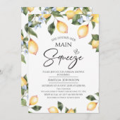 ブルーフローラレモンのメイン絞りブライダルシャワー 招待状 (正面/裏面)