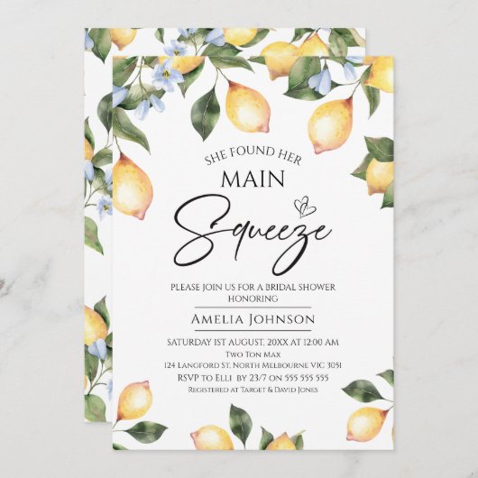 ブルーフローラレモンのメイン絞りブライダルシャワー 招待状 (正面/裏面)