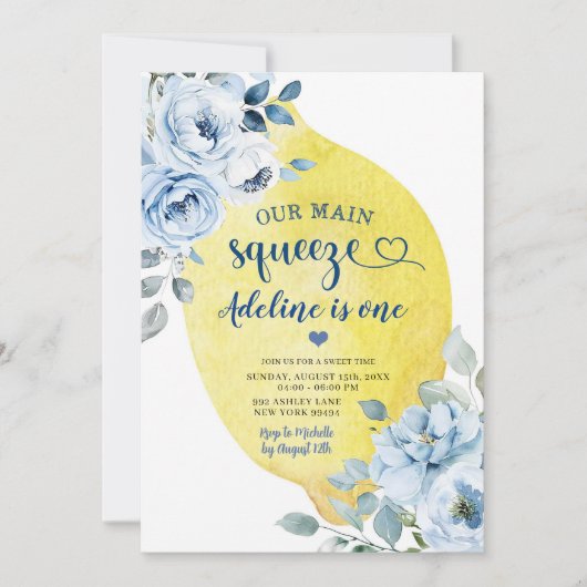 ブルーフローラレモンファースト誕生日招待状 招待状 (正面)